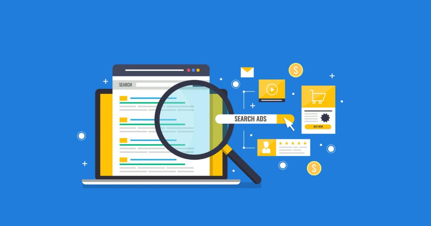 Illustration of a computer screen with charts and a magnifying glass, representing the Google Ads Strategy Game Plan.